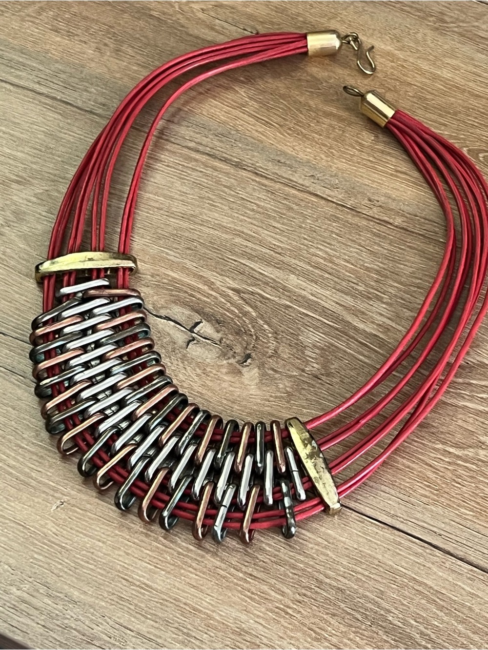 Red Multi-Strand Statement Necklace with Mixed Metal Accents